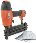 Real Deal Air Brad Nailer With Quick Release Bottom Load Magazine And 1000 18G Type 180 Brads To Knock Out Woodworking Projects In Bold Orange Carry Case close up with nails.