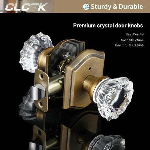Interior Glass Door Knobs With Privacy Lock, Old School Vintage Crystal Hardware In Antique Brass Finish For Bedroom And Bathroom, Push Button Inside Lock, Keyless Outside Access, 1 Pack