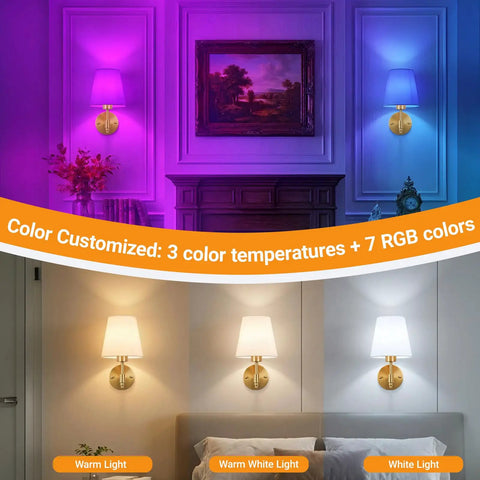 Wireless Battery Operated Wall Sconces Set Of 2 With Peel And Stick Indoor Lights No Wiring Nonsense Needed Super Bright Renter Friendly Home Decor Upgrade Package showing customizable RGB colors and warm light options.