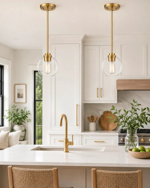 Two Pack Brass Pendant Lights With Clear Glass Globe Shades Farmhouse Gold Hanging Lamps over a kitchen island.