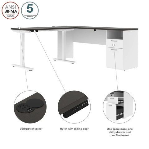 Heavy Hitter L Shaped Electric Standing Desk With Pretty Dang Smooth Motorized Lift And Scratch Resistant Deep Grey Top with USB socket and drawer.