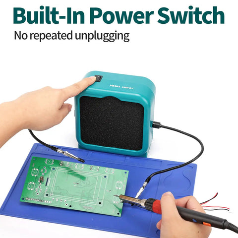 Sweet Compact Soldering Fume Extractor With Flexible Helping Hands And Heavy Duty Activated Carbon Filters that features a built-in power switch for easy use.