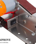 Plug And Play Mini Electric Belt Sander With Twenty Emery Belts Heavy Duty Desktop Grinder close-up of motor and power switch.