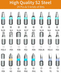 Detailed view of 24 S2 bits from No-Brainer 24-In-1 Magnetic Ratchet Screwdriver Set With Detachable Handle, Portable Precision Repair Toolkit
