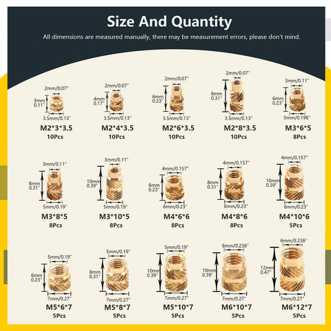 Brass Threaded Inserts Kit With Knurled Heat Set Inserts 300 Piece 15 Size Assortment From M2 To M6 For 3D Printing And Plastic Projects Sturdy Case Included, showing diagram with dimensions and quantity.