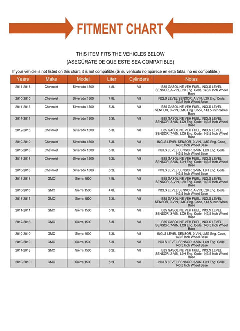 Fitment chart listing compatible Chevrolet and GMC models for Heavy Duty Fuel Pump And Sender Assembly With Built In Level Sensor E85 Ready.