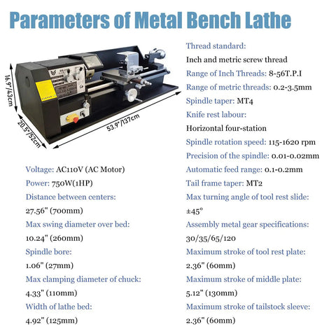 Badass Heavy Duty Precision Metal Workshop Bench Lathe With 10.2 Inch Swing And 27.6 Inch Capacity featuring detailed parameters and specifications.