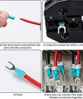 Steps showing use of 200 Pcs Insulated Wire Connectors Kit with Mixed Ring Spade Butt Fork Quick Disconnect Crimp Terminals