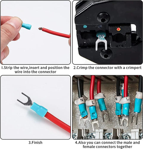 Steps showing use of 200 Pcs Insulated Wire Connectors Kit with Mixed Ring Spade Butt Fork Quick Disconnect Crimp Terminals