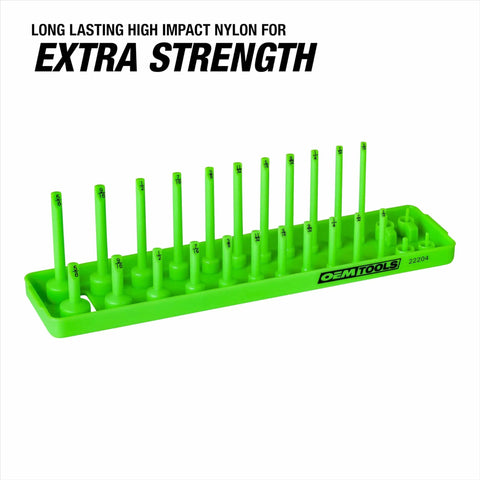 1/4 Inch Drive SAE Socket Organizer with dual rails and labeled posts, green tray for 1/8 to 5/8 inch sockets, extra strength
