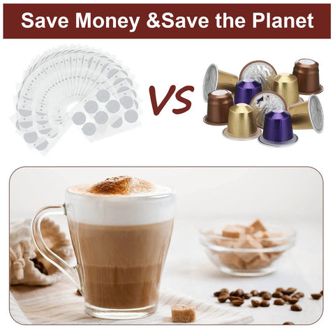 204 Pack Espresso Capsule Foil Seals Aluminum Lids And Stickers For Reusing 37 mm Pods vs sealed coffee capsules with cappuccino