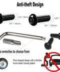 Lock Your Plates Down Tight With These Sleek Black License Plate Screws Featuring Tamper Proof Anti Theft Design Made From Sturdy One Quarter Inch Stainless Steel For Quick Install And Heavy Shield Against Highway Hooligans And Dust - screws and wrenches included.