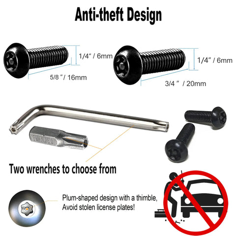 Lock Your Plates Down Tight With These Sleek Black License Plate Screws Featuring Tamper Proof Anti Theft Design Made From Sturdy One Quarter Inch Stainless Steel For Quick Install And Heavy Shield Against Highway Hooligans And Dust - screws and wrenches included.
