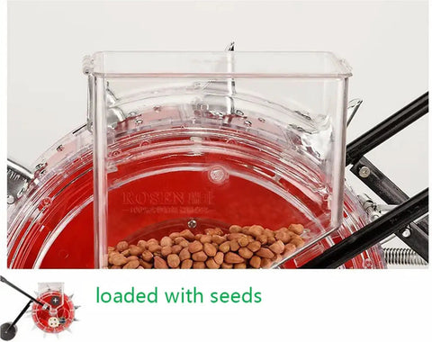 Handheld Manual Garden Seeder With Seven Port Seed Dispenser loaded with seeds, transparent plastic hopper, close-up view.