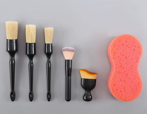 Six Piece Car Detailing Brush Set with Ultra Soft Boar Hair Detail Brushes and coral sponge, for cleaning cars and motorcycles
