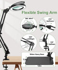 3 In 1 Magnifying Desk Lamp With Light Heavy Duty Base And Clamp 5X LED Magnifier showing flexible swing arm and dimensions.