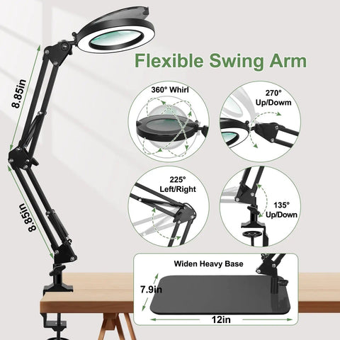 3 In 1 Magnifying Desk Lamp With Light Heavy Duty Base And Clamp 5X LED Magnifier showing flexible swing arm and dimensions.