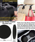 Car Seat Headrest Hook and Cup Holder Coaster for easy storage, 360 degree rotation for bags; non-slip silicone, fits most cars.