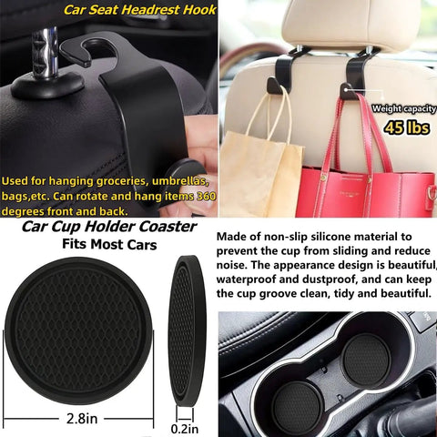 Car Seat Headrest Hook and Cup Holder Coaster for easy storage, 360 degree rotation for bags; non-slip silicone, fits most cars.