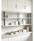Heavy Duty Shelf Support Brackets For Cabinets And Closets Solid Wood Board Reinforcement Built Tough Kickin Rack Rods Zero Wobble Closet Organizers Home Storage with black metal rods and white shelves.