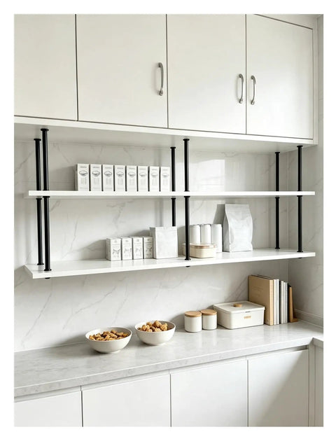 Heavy Duty Shelf Support Brackets For Cabinets And Closets Solid Wood Board Reinforcement Built Tough Kickin Rack Rods Zero Wobble Closet Organizers Home Storage with black metal rods and white shelves.