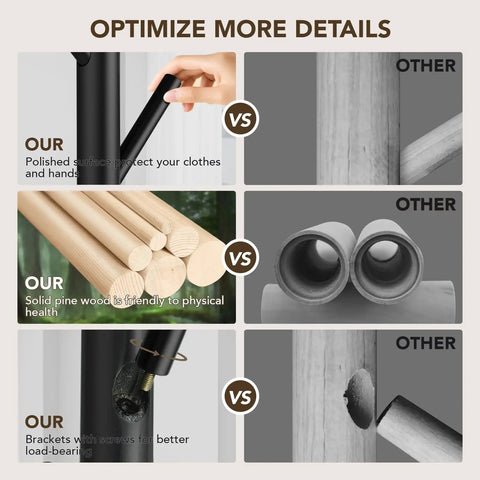 Comparison of polished surface, solid pine wood, and bracket design for Wooden Tree Coat Rack Stand With Eight Hooks.