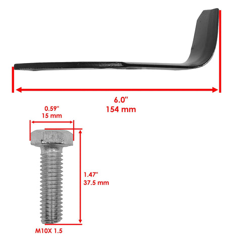 Side view of Six Inch Tiller Tine Set For Troy Bilt Lawn Tiller Replacement Kit 1901118A 1901118 with bolt and dimensions