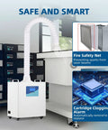 Solder Fume Extractor for Laser Engraving and Welding, 200W unit with hose, fire safety net, and digital clogging alert in workshop