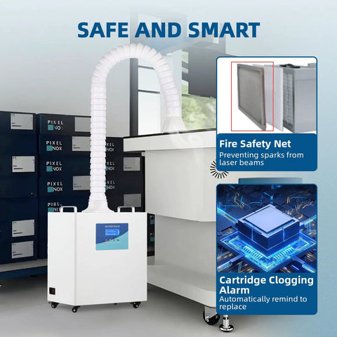 Solder Fume Extractor for Laser Engraving and Welding, 200W unit with hose, fire safety net, and digital clogging alert in workshop