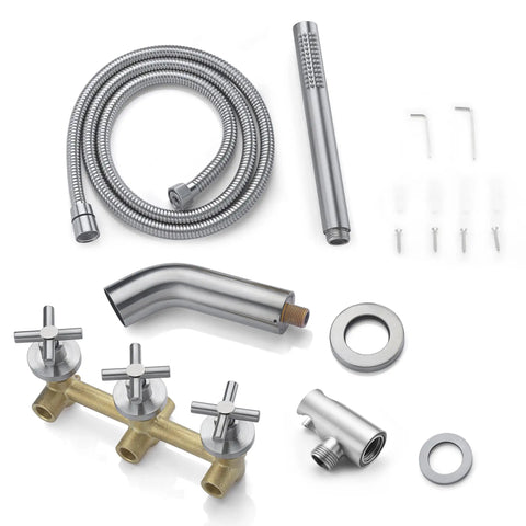 Components of Three Handle Wall Mount Tub Faucet With Sprayer For High Flow Waterfall Bathtub Faucet Experience In Brushed Nickel