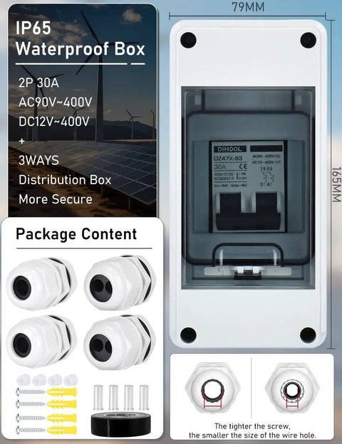 Front view of Rugged Solar Panel Disconnect Switch With IP65 DIN Box 30 Amp Dual Pole Isolator 12V To 400V AC DC Miniature Circuit Breaker
