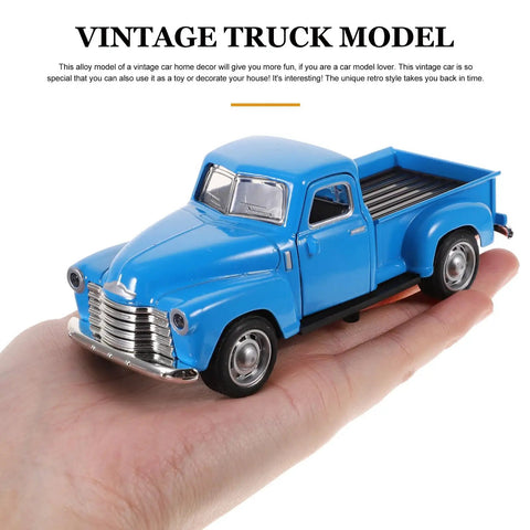 Pickup Truck Figurine Vintage Alloy Car Model Toy Sky Blue Retro Ornament For Christmas Table Centerpiece And New Year Decor Perfect Birthday Party Decor That Pops, held in hand for size reference.