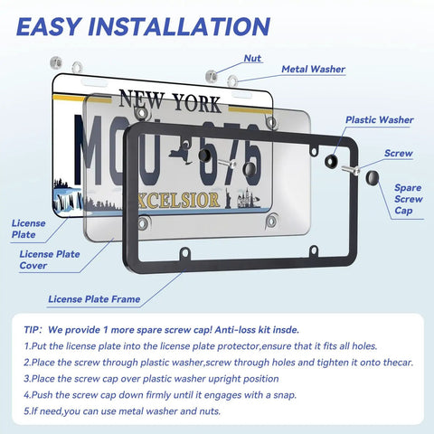 Two Pack License Plate Cover And Frame Set Built From Heavy Duty ABS For All Weather Use Got You Covered With Rust Proof And Corrosion Resistant Car License Plate Protector With Screws And Caps Universal Fit Black installation instructions