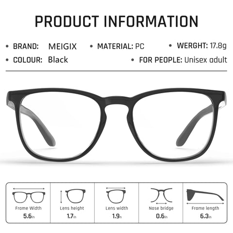 Anti Fog Anti Scratch Safety Glasses With Side Shields For Men And Women Black Protective Eyewear High Comfort Fit Clear Lenses ANSI Z87.1 Certified Blue Light Blocking Lenses For All Day Everyday Use with dimensions and specifications.