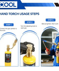 Hand torch usage steps showing Double Flame Hand Torch With 3600 F Heat, Propane MAPP Gas Torch for precise control and HVAC work.
