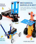 Hands-On Robot Building Kit for Kids Ages 6 to 13, three colorful toy robots demonstrating obstacle avoidance and food delivery.