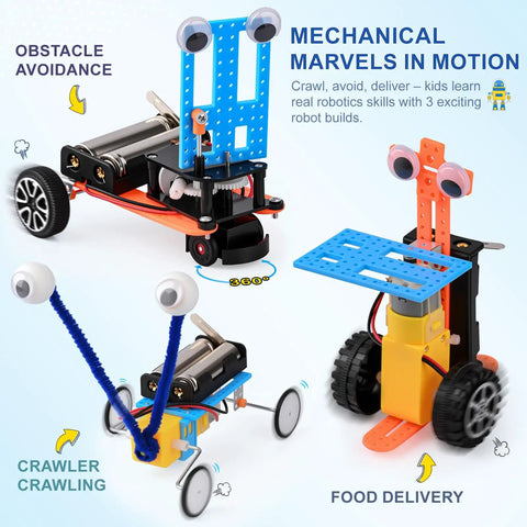 Hands-On Robot Building Kit for Kids Ages 6 to 13, three colorful toy robots demonstrating obstacle avoidance and food delivery.