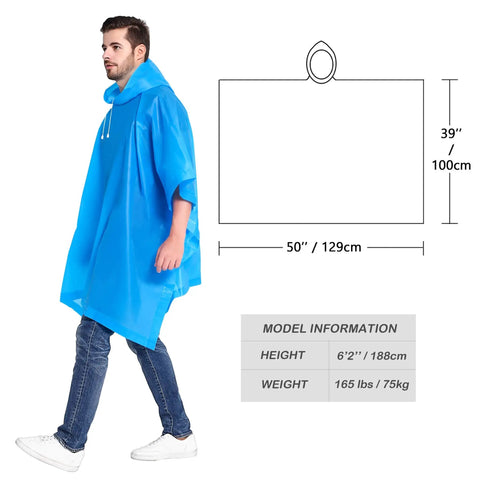 Male model wearing blue Two Pack Reusable Rain Ponchos For Adults With Drawstring Hood, Waterproof And Durable Welded Seams, Easy Fit