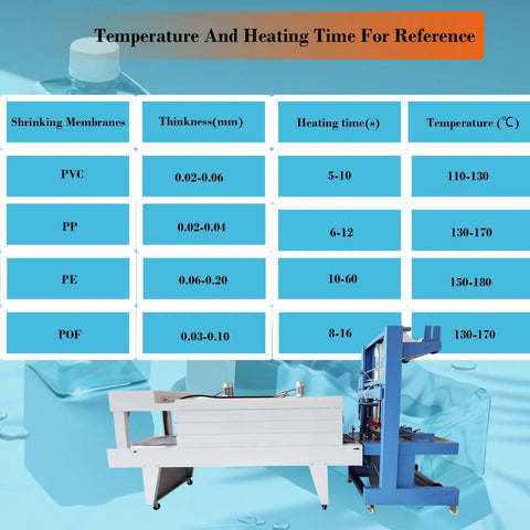 Temperature and heating time reference chart for Automatic Heat Shrink Sleeve Sealing And Cutting Machine For PE POF PP PVC Films.
