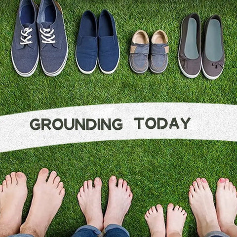 Feet on grass with shoes above, featuring "Grounding Today" text, related to All In One Grounding Mat Kit With 15Ft Cord For Foot Mats Computer Desk And Sleep Mat Pet Friendly Super Soft And Cozy Polyurethane Surface Skin Safe Easy To Use Home Office And Bedroom Grounding Solution