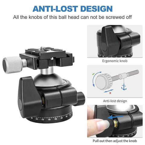 Heavy Duty Tripod Ball Head With One Quarter Inch Arca Swiss Quick Release Plate Aluminum Mount Large Load Capacity Up To 44 Lbs