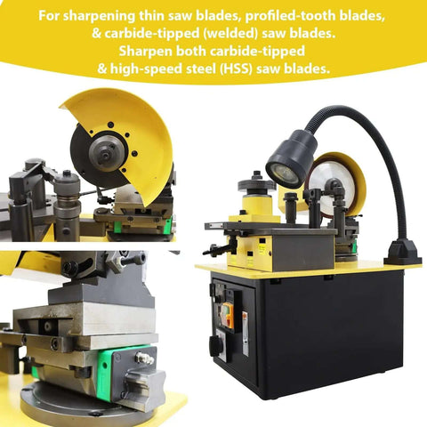 Beefy Automatic Circular Saw Blade Sharpener Packing A Heavy 250W Motor And Lightning Fast 4000 RPM Grinding Power For Thin Welded And Carbide Steel Cutters Across A Sixty To Three Fifty Millimeter Span close-up with light attachment.