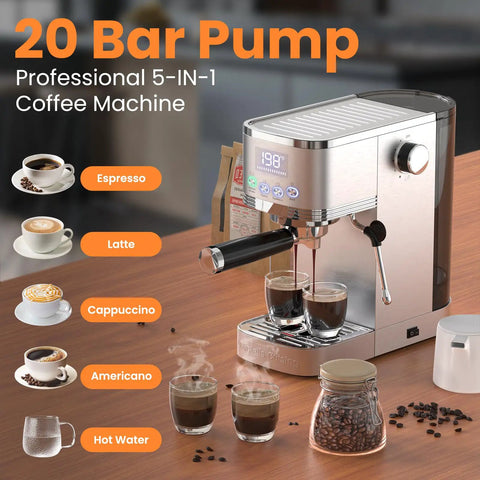 Adjustable Temperature Espresso Machine With Bright Led Display And Creamy Milk Frothing Wand Fuel Your Daily Grind With Top Notch Home Brews And Smooth Sipping Vibes in modern kitchen setting.