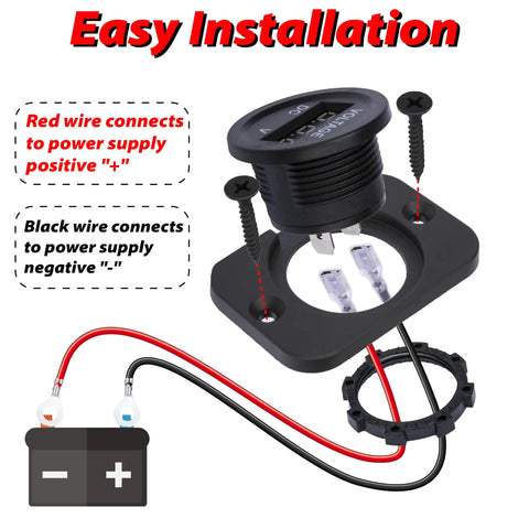 Straight Shooter DC 12V And 24V Digital Volt Gauge Meter wiring setup with red and black wires for easy installation.