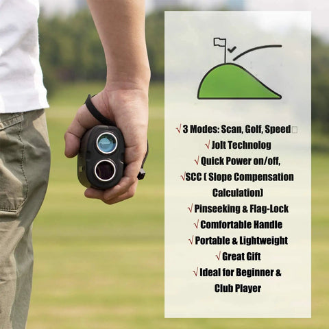 Person holding Laser Rangefinder For Golf And Hunting With 6X Magnification And Precision Distances To 1000 To 1200 Yards