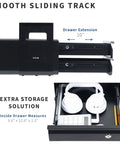 Under Desk Double Stacked Slide Out Drawers With Lock For Secure Home Office Storage Organizer, black with sliding track and interior view.