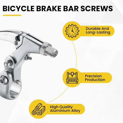 Close-up of silver bicycle brake bar with text highlighting features of 7mm Aluminum Alloy Brake Lever Adjuster Kit For Mountain And Road Bikes M7 Cable Handle Lever Screws 4 Pack Replacement Fasteners Easy Install Tension Tuning Silver And Black