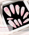 Hema Free Gel Nail Polish In Light Pink For All Seasons, floral nail art designs, various shapes with pearls and rhinestones.