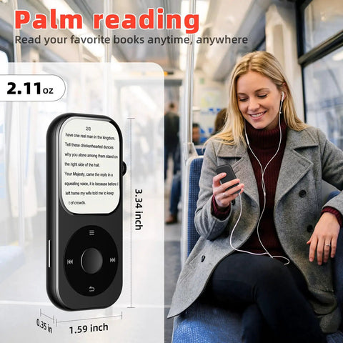 Woman on train using Dope 128GB Bluetooth 5.3 MP3 Player With Built-In Speaker, 2.01-Inch Touchscreen And Physical Rotary Buttons
