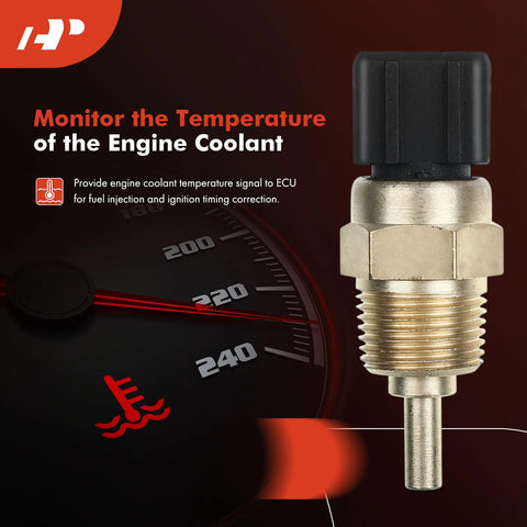 Engine coolant temperature sensor, close-up view showing brass threaded body and black plastic connector